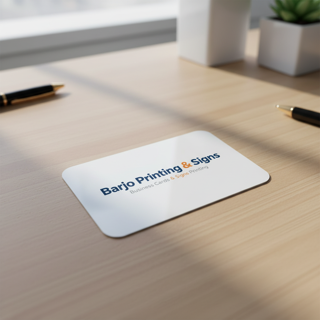 Barjo Printing & Signs plastic business card with rounded corners on a textured white background